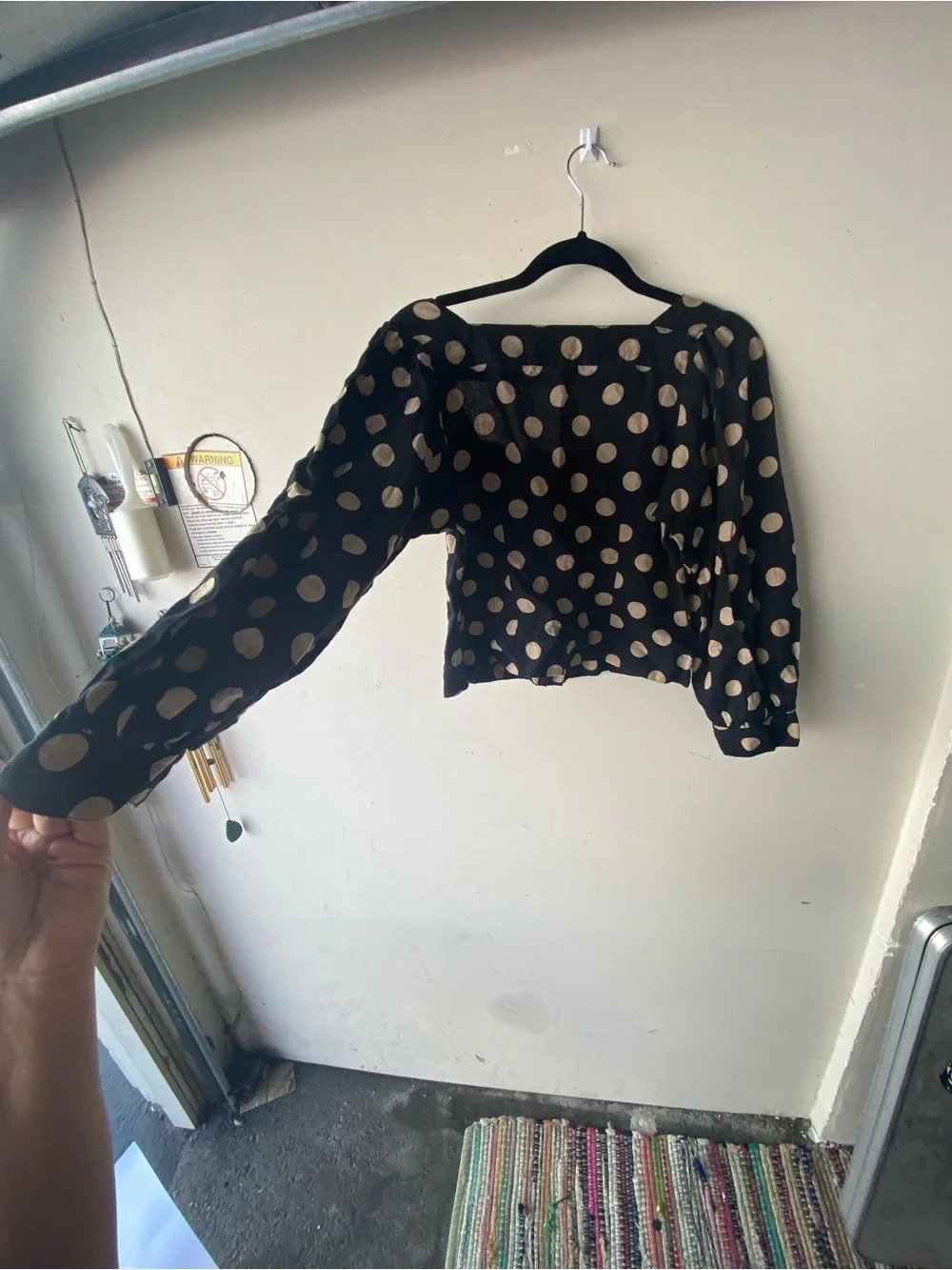 J.Crew Black Tan Polka Dot Square Neck Linen Puff Sleeve Blouse Top XS